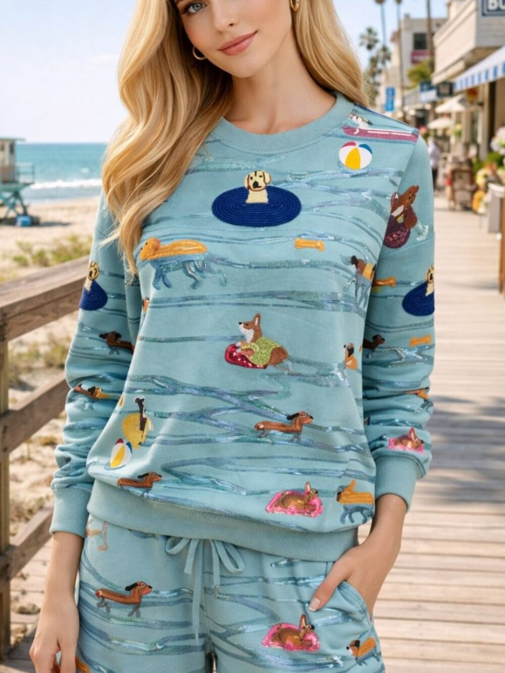 NWT Queen of Sparkles Blue Dogs Swimming on Floats Sweatshirt
